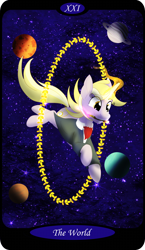 Size: 1500x2591 | Tagged: safe, artist:sixes&sevens, imported from derpibooru, part of a set, dinky hooves, pony, unicorn, clothes, doctor who, female, glowing horn, horn, jumping, major arcana, mouth hold, older, older dinky hooves, planet, solo, sonic screwdriver, space, stars, tarot card, the world