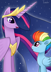 Size: 2480x3507 | Tagged: safe, artist:twidasher, imported from derpibooru, rainbow dash, twilight sparkle, alicorn, pegasus, pony, the last problem, blushing, crown, duo, ethereal mane, female, height difference, jewelry, lesbian, older, older rainbow dash, older twilight, princess twilight 2.0, regalia, shipping, signature, size difference, starry mane, twidash, twilight sparkle (alicorn)