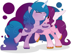 Size: 3948x3009 | Tagged: safe, artist:brushprism, imported from derpibooru, izzy moonbow, pipp petals, pegasus, pony, unicorn, base used, eyes closed, female, g5, high res, hug, mare, pipp, raised hoof, simple background, smiling, transparent background, unshorn fetlocks