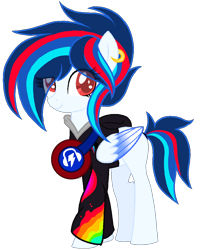 Size: 1072x1322 | Tagged: safe, artist:dl61102, imported from derpibooru, oc, oc only, oc:daring dynamite, oc:dj-rain6, pegasus, pony, base used, clothes, dj pony, ear piercing, earring, headphones, hoodie, jewelry, magical lesbian spawn, offspring, parent:rainbow dash, parent:vinyl scratch, parents:vinyldash, piercing, rainbow colors, red eyes, smiling, solo