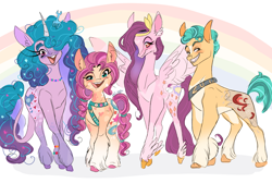 Size: 2560x1717 | Tagged: safe, artist:bluerm, imported from derpibooru, hitch trailblazer, izzy moonbow, pipp petals, sunny starscout, earth pony, pegasus, pony, unicorn, badge, bag, bracelet, braid, ear fluff, female, g5, jewelry, leonine tail, looking at you, male, mare, necklace, open mouth, pipp, rainbow, smiling, spread wings, stallion, tail, unshorn fetlocks, wings