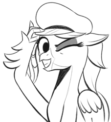 Size: 657x722 | Tagged: safe, artist:cosmonaut, imported from derpibooru, oc, oc only, oc:posada, classical hippogriff, hippogriff, /mlp/, cute, female, hat, monochrome, one eye closed, quadrupedal, sketch, solo, wink