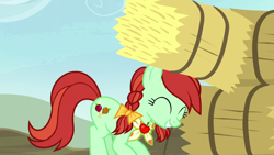 Size: 1280x720 | Tagged: safe, imported from derpibooru, screencap, candy apples, earth pony, pony, appleoosa's most wanted, apple family member, background pony, bow, female, hair bow, hay bale, mare, pigtails, solo