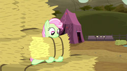 Size: 1280x720 | Tagged: safe, imported from derpibooru, screencap, florina tart, earth pony, pony, appleoosa's most wanted, apple family member, background pony, female, hay bale, mare, solo, tent