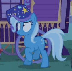Size: 365x363 | Tagged: safe, edit, edited screencap, imported from derpibooru, screencap, trixie, pony, unicorn, to where and back again, animated, cute, diatrixes, female, gif, hat, loop, mare, nervous, nightcap, perfect loop, prancing, scared, shrunken pupils, sleeping cap, solo, talking, trixie's nightcap, trixie's wagon, trotting, trotting in place, wide eyes