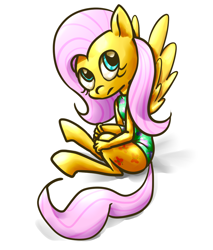 Size: 992x1162 | Tagged: source needed, safe, artist:saltycube, imported from derpibooru, fluttershy, anthro, pegasus, pony, clothes, cute, female, leotard, mare, shyabetes, simple background, sitting, solo, swimsuit, white background