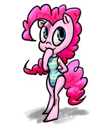 Size: 1200x1400 | Tagged: safe, artist:saltycube, imported from derpibooru, pinkie pie, anthro, earth pony, pony, semi-anthro, clothes, female, leotard, mare, one-piece swimsuit, simple background, smiling, solo, swimsuit, white background