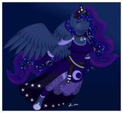 Size: 2790x2556 | Tagged: safe, artist:lumino010, imported from derpibooru, princess luna, alicorn, anthro, unguligrade anthro, breasts, busty princess luna, cleavage, clothes, dress, gloves, horn, jewelry, necklace, solo, tiara, wings