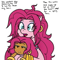 Size: 1200x1200 | Tagged: safe, artist:pony quarantine, imported from derpibooru, pinkie pie, human, pony, 4chan, 80s hair, bracelet, chibi, clothes, dark skin, drawthread, dress, eyeshadow, hair spray high, holding a human, human ponidox, humanized, jewelry, makeup, self ponidox, simple background, text, white background