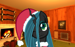 Size: 1720x1080 | Tagged: safe, edit, editor:tcgamebot, imported from derpibooru, queen chrysalis, changeling, changeling queen, christmas, clothes, costume, cute, cutealis, female, fire, fireplace, gift box, gun, hat, head tilt, holiday, looking at you, old tv, one eye closed, present, santa hat, solo, weapon, wink