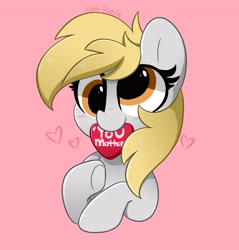 Size: 3914x4096 | Tagged: safe, artist:kittyrosie, imported from derpibooru, derpy hooves, pegasus, pony, blushing, cute, derp, derpabetes, female, heart, mare, mouth hold, pink background, positive message, simple background, solo