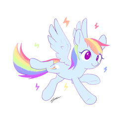 Size: 800x800 | Tagged: safe, artist:sion, imported from derpibooru, rainbow dash, pegasus, pony, backwards cutie mark, cute, dashabetes, female, lightning, mare, no pupils, simple background, solo, spread wings, white background, wingding eyes, wings