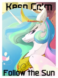 Size: 2635x3500 | Tagged: safe, artist:therealf1rebird, imported from derpibooru, princess celestia, alicorn, pony, horn, jewelry, keep calm, looking at you, regalia, solo, wings