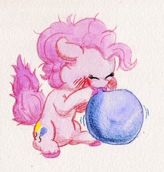 Size: 1461x1527 | Tagged: safe, artist:lost marbles, imported from derpibooru, pinkie pie, earth pony, pony, balloon, blowing up balloons, cute, eyes closed, female, mare, simple background, traditional art, white background