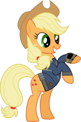 Size: 900x1350 | Tagged: safe, artist:patec, artist:ponygamer2020, imported from derpibooru, applejack, earth pony, pony, fallout equestria, fall weather friends, applejack's hat, bipedal, clothes, cowboy hat, fallout, female, hat, jumpsuit, mare, pipboy, simple background, smiling, solo, teeth, transparent background, vault suit, vector