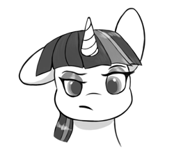 Size: 1546x1494 | Tagged: safe, artist:flutterfigle, imported from derpibooru, twilight sparkle, pony, unicorn, monochrome, one ear down, simple background, solo, white background