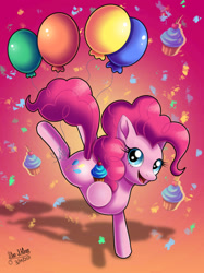 Size: 1280x1707 | Tagged: safe, artist:star-shiner, imported from derpibooru, pinkie pie, earth pony, pony, balloon, confetti, cupcake, female, food, high res, looking at you, mare, open mouth, solo