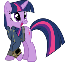 Size: 5089x5000 | Tagged: safe, artist:dashiesparkle, artist:ponygamer2020, imported from derpibooru, twilight sparkle, pony, unicorn, fallout equestria, clothes, fallout, female, jumpsuit, open mouth, pipboy, raised hoof, simple background, solo, transparent background, unicorn twilight, vault suit, vector