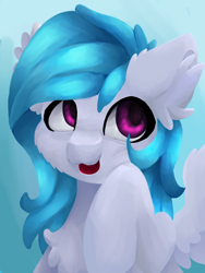 Size: 1200x1600 | Tagged: safe, artist:skyblazeart, imported from derpibooru, oc, oc only, oc:winter, pegasus, pony, blue background, bust, chest fluff, cyan mane, ear fluff, eyes open, female, halfbody, head, open eyes, pegasus oc, pink eyes, request, simple background, solo, wings