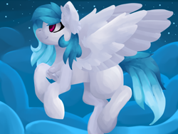 Size: 1600x1200 | Tagged: safe, artist:skyblazeart, imported from derpibooru, oc, oc only, oc:winter, pegasus, pony, chest fluff, cyan mane, digital art, ear fluff, female, flying, full body, pink eyes, request, sky, solo, stars, wings