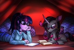 Size: 1800x1200 | Tagged: safe, artist:redahfuhrerking, imported from derpibooru, oleander, sci-twi, twilight sparkle, pony, them's fightin' herds, equestria girls, book, clothes, community related, glasses, lying down, oleander (tfh), pajamas, pillow, ponyloaf, prone, tablet, tent