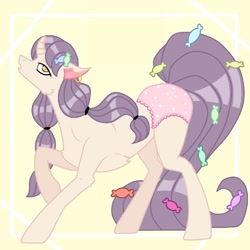 Size: 1600x1600 | Tagged: safe, artist:assfecal, imported from derpibooru, oc, oc only, pony, unicorn, abstract background, candy, clothes, ear piercing, earring, female, food, horn, jewelry, mare, panties, piercing, raised hoof, solo, underwear, unicorn oc