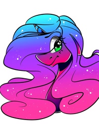 Size: 1080x1350 | Tagged: safe, alternate version, artist:tessa_key_, imported from derpibooru, oc, oc only, pony, unicorn, bust, colored, ethereal mane, eye clipping through hair, eyelashes, female, horn, mare, simple background, smiling, solo, starry mane, unicorn oc, white background