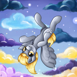 Size: 2200x2200 | Tagged: safe, artist:appleneedle, imported from derpibooru, derpy hooves, pegasus, pony, adoracute, cloud, cute, derpabetes, derpy being derpy, female, flying, grin, mare, redraw, sky, smiling, solo, upside down