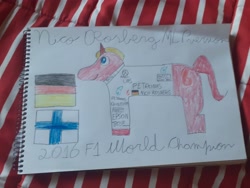 Size: 4128x3096 | Tagged: safe, artist:super-coyote1804, imported from derpibooru, pony, unicorn, colored pencil drawing, finland, flying finn, formula 1, germany, nico rosberg, photo, ponified, solo, traditional art