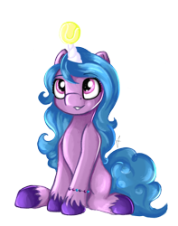 Size: 1605x2039 | Tagged: safe, artist:appleneedle, imported from derpibooru, izzy moonbow, pony, unicorn, ball, bracelet, cute, female, g5, grin, horn, horn guard, hornball, izzy's tennis ball, izzybetes, jewelry, mare, simple background, sitting, smiling, solo, tennis ball, transparent background, unshorn fetlocks