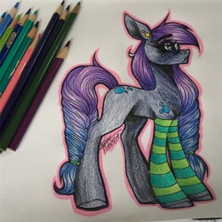 Size: 1080x1080 | Tagged: safe, artist:moshi.poni, imported from derpibooru, oc, oc only, earth pony, pony, clothes, ear piercing, earth pony oc, irl, photo, piercing, signature, socks, solo, striped socks, traditional art