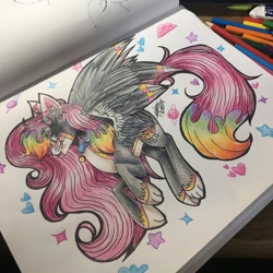 Size: 1080x1080 | Tagged: safe, artist:moshi.poni, imported from derpibooru, oc, oc only, hybrid, pony, :p, ear fluff, female, irl, mare, photo, signature, solo, tongue out, traditional art, wings