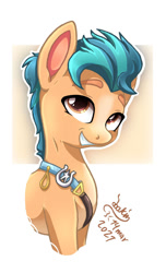 Size: 853x1400 | Tagged: safe, artist:joakaha, imported from derpibooru, hitch trailblazer, earth pony, pony, abstract background, g5, looking at you, male, signature, smiling, solo, stallion