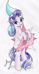 Size: 2181x4111 | Tagged: safe, artist:40kponyguy, derpibooru exclusive, imported from derpibooru, starlight glimmer, pony, unicorn, awkward smile, bipedal, cute, cutie mark, cutie mark background, ear fluff, female, glimmerbetes, hoof hold, kite, looking at you, mare, simple background, smiling, solo, that pony sure does love kites, traditional art