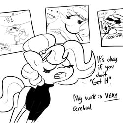 Size: 1500x1500 | Tagged: safe, artist:tjpones, imported from derpibooru, oc, oc only, oc:brownie bun, earth pony, pony, black and white, clothes, delusional, dialogue, eyes closed, female, grayscale, mare, monochrome, simple background, solo, sweater, turtleneck, white background