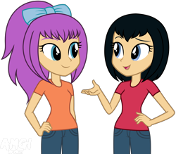 Size: 3848x3370 | Tagged: safe, alternate version, artist:amgiwolf, imported from derpibooru, oc, oc only, oc:agatha nya, oc:luna karai, equestria girls, base used, bow, clothes, duo, eyelashes, female, hair bow, hand on hip, open mouth, pants, simple background, smiling, transparent background