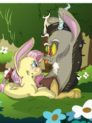Size: 899x1200 | Tagged: safe, artist:cocolove2176, imported from derpibooru, discord, fluttershy, draconequus, rabbit, :p, animal, blushing, bunnified, bunnyshy, discoshy, female, flower, looking at each other, lying down, male, outdoors, prone, shipping, species swap, straight, tongue out, wings