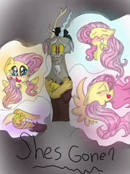 Size: 899x1200 | Tagged: safe, artist:cocolove2176, imported from derpibooru, discord, fluttershy, draconequus, pegasus, pony, bust, discoshy, eyelashes, female, grin, holding hooves, male, mare, open mouth, shipping, smiling, straight, wings