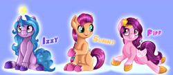 Size: 4248x1852 | Tagged: safe, artist:appleneedle, imported from derpibooru, izzy moonbow, pipp petals, sunny starscout, earth pony, pegasus, pony, unicorn, adorapipp, ball, bracelet, cute, female, flying, g5, grin, horn, horn guard, hornball, izzy's tennis ball, izzybetes, jewelry, mare, markings, open mouth, pipp, raised hoof, sitting, smiling, sunnybetes, tennis ball, trio, unshorn fetlocks