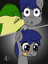Size: 770x1032 | Tagged: safe, artist:mranthony2, imported from derpibooru, oc, oc only, oc:lemon bounce, oc:royal quill, pegasus, pony, 2 panel comic, blushing, cheek kiss, colored, comic, female, flat colors, gradient background, kiss mark, kiss on the cheek, kissing, lesbian, lipstick, mare, mare on mare, scrunchy face, signature, simple background, surprised