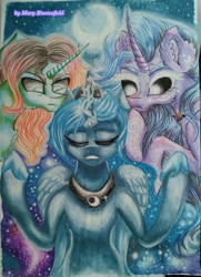 Size: 742x1024 | Tagged: safe, artist:maryhoovesfield, imported from derpibooru, princess luna, oc, alicorn, pony, unicorn, crescent moon, ear fluff, ethereal mane, eyes closed, female, horn, mare, moon, night, outdoors, peytral, starry mane, traditional art, unicorn oc