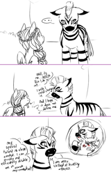 Size: 500x779 | Tagged: safe, artist:mew, imported from derpibooru, oc, oc:ickle muse, oc:zuberi, pegasus, pony, zebra, ask ickle muse, biting, ear bite, female, male, mare, monochrome, partial color, quadrupedal, stallion, zoomorphic