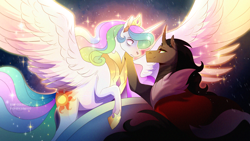 Size: 2492x1406 | Tagged: safe, artist:pumpkabooo, imported from derpibooru, king sombra, princess celestia, alicorn, unicorn, celestibra, cloak, clothes, female, male, mare, shipping, spread wings, stallion, straight, wings