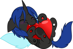 Size: 5000x3365 | Tagged: safe, artist:jhayarr23, imported from derpibooru, part of a set, oc, oc:swift dawn, changeling, pony, balloon, blue changeling, blushing, changeling oc, commission, cute, cuteling, eyebrows, eyebrows visible through hair, eyes closed, fangs, floppy ears, frog (hoof), happy, heart, heart balloon, high res, lying down, male, on back, simple background, stallion, transparent background, underhoof, wings, ych result