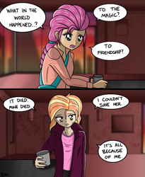 Size: 1483x1809 | Tagged: safe, artist:banquo0, imported from derpibooru, luster dawn, sunny starscout, human, 2 panel comic, alternate timeline, alternate universe, bag, clothes, coat, comic, dialogue, g5, headcanon, humanized, story included, text