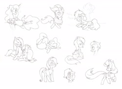 Size: 2780x2020 | Tagged: safe, artist:acacia-and-lilac, pinkie pie, rainbow dash, scootaloo, oc, alicorn, earth pony, pegasus, pony, ball, crying, happy, looking back, lying down, monochrome, open mouth, pinkamena diane pie, sitting on, sitting on pony, sketch, smiling, tired, tongue out