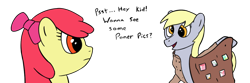 Size: 1200x400 | Tagged: artist needed, safe, apple bloom, derpy hooves, earth pony, pony, bow, clothes, dialogue, duo, duo female, female, filly, mare, open mouth, ponerpics, simple background, smiling, transparent background, trenchcoat