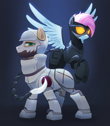 Size: 2434x2808 | Tagged: safe, artist:3-gon, artist:draw3, imported from derpibooru, oc, oc only, oc:alabaster, oc:skyline, pegasus, pony, fallout equestria, armor, enclave, enclave armor, female, grand pegasus enclave, helmet, male, mare, mask, power armor, stallion, weapon, wings