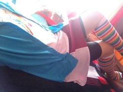Size: 640x480 | Tagged: safe, imported from derpibooru, photographer:mr.sparkle, rainbow dash, human, bike shorts, clothes, cosplay, costume, crossdressing, crossplay, cutie mark, irl, irl human, legs, photo, rainbow socks, skirt, socks, solo, striped socks