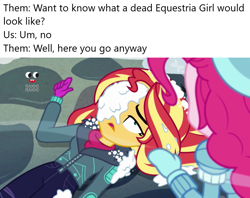 Size: 924x732 | Tagged: safe, edit, edited screencap, imported from derpibooru, screencap, pinkie pie, sunset shimmer, equestria girls, equestria girls series, holidays unwrapped, spoiler:eqg series (season 2), meme, plusplus, saving pinkie's pie, snow, snowball, text, you know for kids